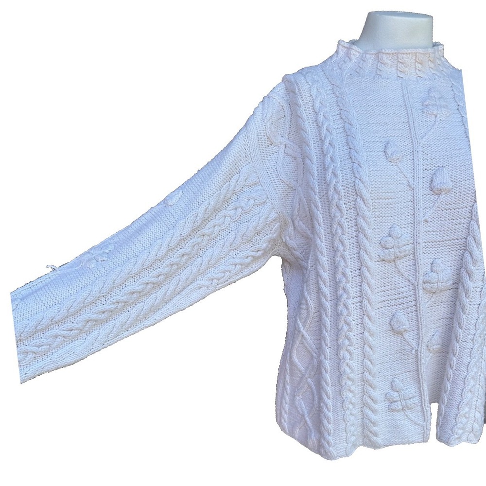Vintage Norm Thompson Cotton Sweater L Ivory Cable Knit Fisherman Botanical Cozy